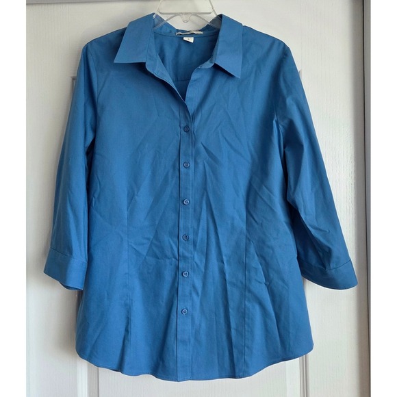 Coldwater Creek Blue 3/4 Sleeve No Iron Button Down Shirt Women's Sz L/14 Office - Picture 1 of 5